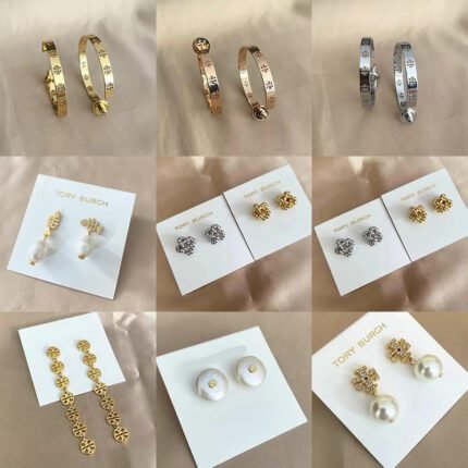 Three color hollow double T earrings, fishbone pearl earrings, geometric twisted rope wrapped earrings, small round hollow combination long earrings