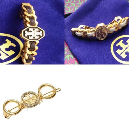 Brown and white leather interwoven double T gold hairpin, fashionable and versatile sparkling zircon triple round double T hairpin