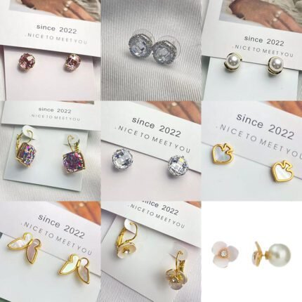 Sparkling round zircon cut surface earrings, peach heart-shaped butterfly earrings, white zircon flower earrings