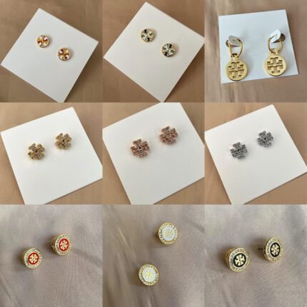 Two tone geometric small round double T earrings, sparkling zircon inlaid three color double T earrings, zircon trimmed small round double T earrings