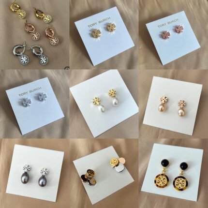 Minimally designed double T imitation pearl earrings, round and multi colored zircon gold double T earrings