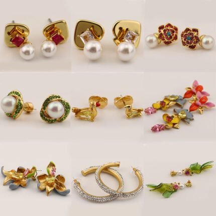 2024 New Style Fashionable Gold Red Peach Love Zircon Round Bead Earrings, Red Zircon Flower Earrings, Gold White Circular Shining Zircon Inlaid Earrings