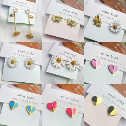 Bee flower multi style earrings, multi-color half heart earrings