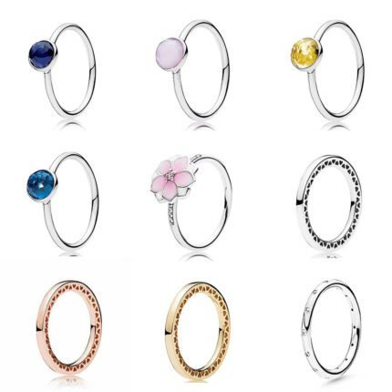 Fashionable 925 silver shiny single stone ring and pink cherry blossom, with multiple styles to choose from