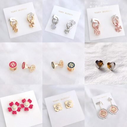 Simple circular double T ear studs, small circular double T ear clips, pink flower double T ear studs