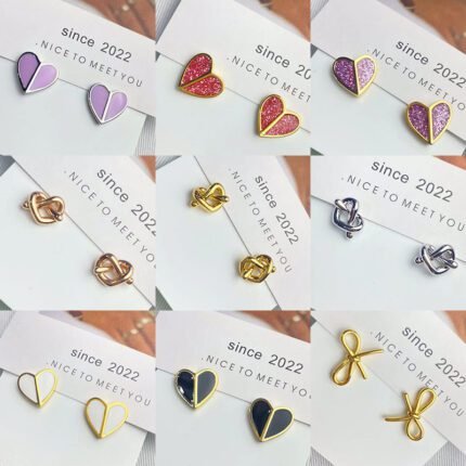 Colorful half shining heart-shaped earrings. Simple and fashionable lines with heart-shaped earrings