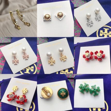 Golden long chain pearl double T tassel earrings, pearl dot double T earrings, red flower pearl double T earrings