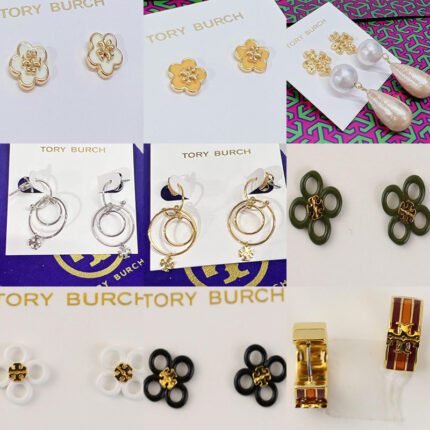 White zircon flower gold double T earrings, gold double ring double T earrings, four ring double T flower earrings