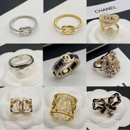 Fashionable and versatile temperament, simple design twist ring double C ring, zircon inlaid with gold heart ring, zircon border black leather rope interwoven gold ring, sparkling square round zircon flower ring, hollowed out design zircon double C wide ring