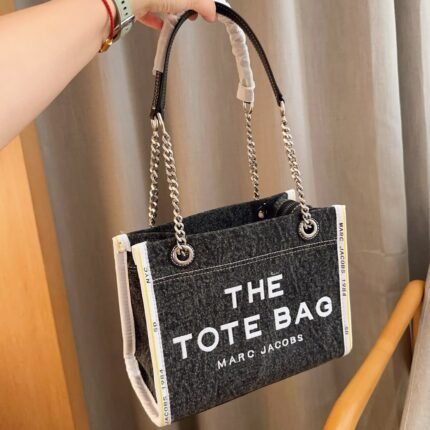High end denim black denim chain tote bag, small size: 26 × 20 × 11cm