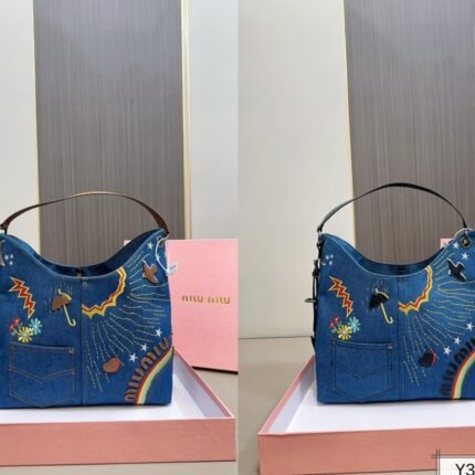 Rainbow embroidered denim patch pocket second-hand bag for women fashion high-end