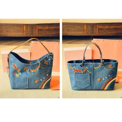 Rainbow embroidery with denim handbag tote bag for men and women