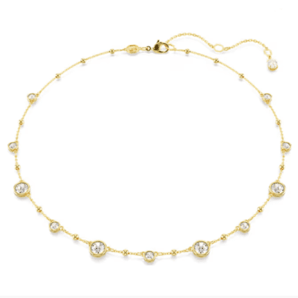 5680090Imber necklace Circular cut, scattered design, white, gold tone-5680090Collar de ámbar Corte circular, diseño disperso, blanco, tono dorado