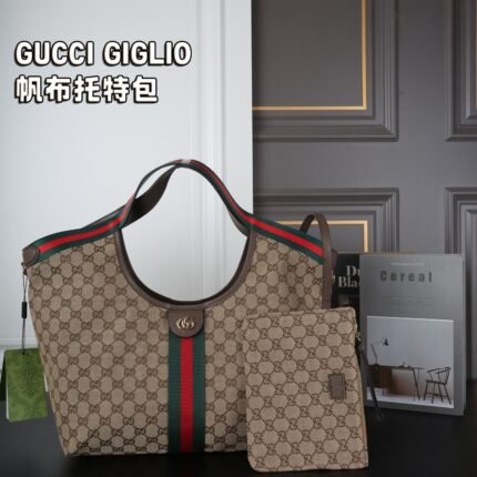 Canvas tote bag, shopping bag, messenger bag, handbag with large capacity, adorned with decorative webbing and piping, and equipped with a detachable clutch bag.