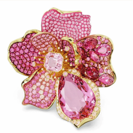 Idyllia cocktail ring Pavé, Flower, Pink, Gold-tone plated-Anillo de cóctel Idyllia Pavé, Flor, Rosa, Baño en tono dorado
