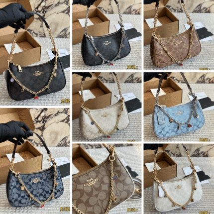 COACH Chain Shoulder Bag Collection: Signature Monogram & Charm Detail with Premium Craftsmanship (24×13×7cm)