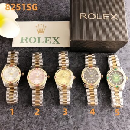 Rolex 8251SG Series Watches: Luxurious Circular Design with Colorful Gemstone Bezel & Two-Tone Metal Bracelet Elegance