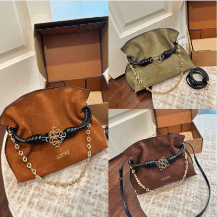 Loewe Suede Drawstring Bag Series: Luxe Suede with Signature Anagram & Gold Chain Detailing: size 25cm