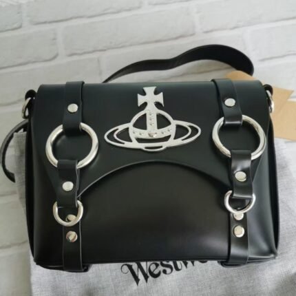 Vivienne Westwood Classic Saturn Buckle Biker Bag, Dark Punk Style Cowhide Shoulder Bag, A Must-Have for Fashion Enthusiasts