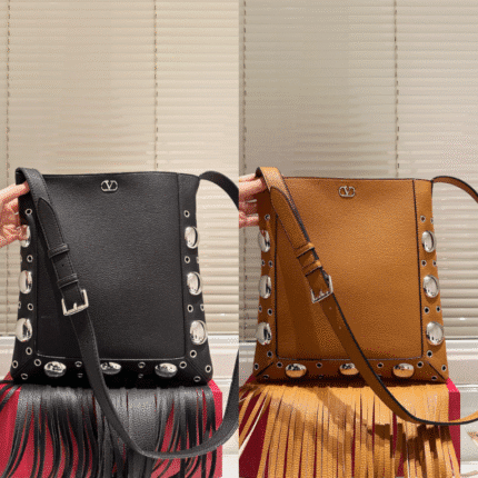 Valentino Studded Fringe Bucket Bag: Edgy Luxury with Versatile Hues (28×30cm)