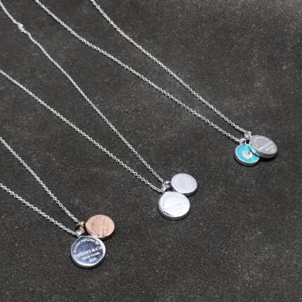 Tiffany Double Disc Engraved Necklace - 925 Silver/Enamel Multi-Color Pendant Collarbone Chain, Tiffany Classic Logo Necklace