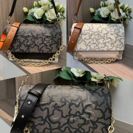 TOUS All-Over Logo Monogram Messenger Bag - Multi-Color Leather Chain Shoulder Bag, Light Luxury Retro-Style Women's Bag