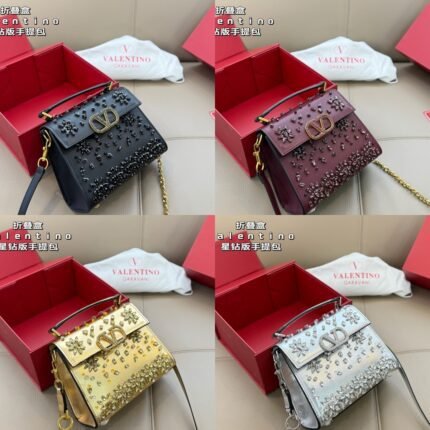 Valentino Star-Diamond V-Logo Tote Bag - Multi-Color Leather Chain Crossbody Bag, Light Luxury Evening-Style Women's Bag (18*14cm)