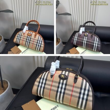 Burberry Check Handbag (34*17cm) - Retro Bowling Bag Silhouette, Multi-Color British Style Commuter Bag