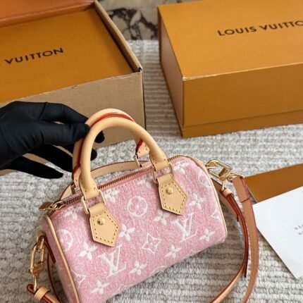 LV Speedy Nano Pink Jacquard Monogram Mini Bag - Handheld & Crossbody Bag (Size 17×10cm)
