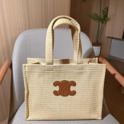 Celine Triomphe Large Straw Tote Bag - Leather Emblem Handheld Bag (Size 40×29×17cm)