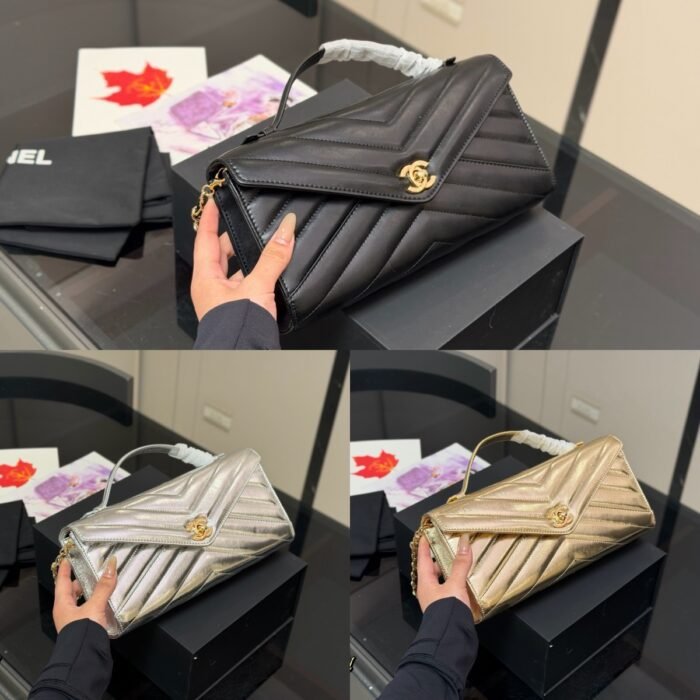 Chanel Chevron V-Quilted Top Handle Long Box Bag | Black/Gold ...