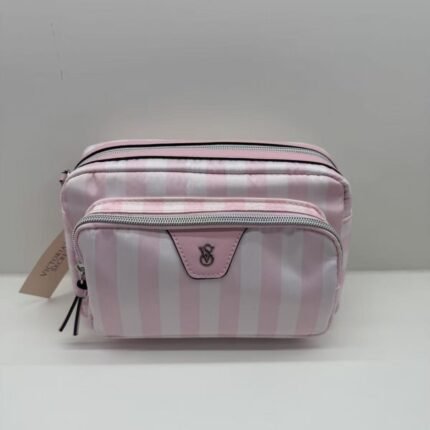 Victoria's Secret Classic Pink & White Stripe Double-Layer Makeup Bag | Portable Large-Capacity Toiletry Organizer