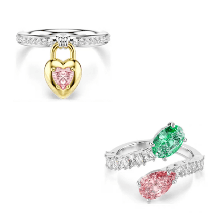 Swarovski Idyllia Collection Heart Lock & Pink-Green Crystal Ring Set, Stackable Jewelry