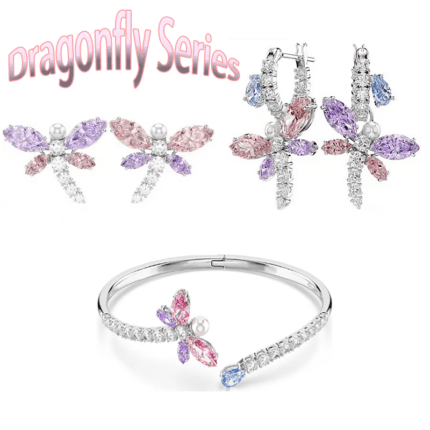 Swarovski Dragonfly Collection Crystal Jewelry Set, Earrings & Bangle with Pink-Purple-Blue Gradient Crystals