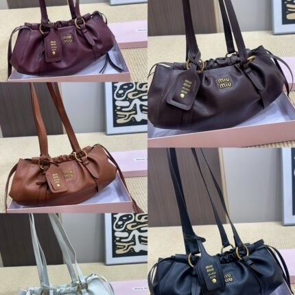 MIUMIU Vintage Drawstring Leather Underarm Bag, Women's Shoulder Commuter Tote